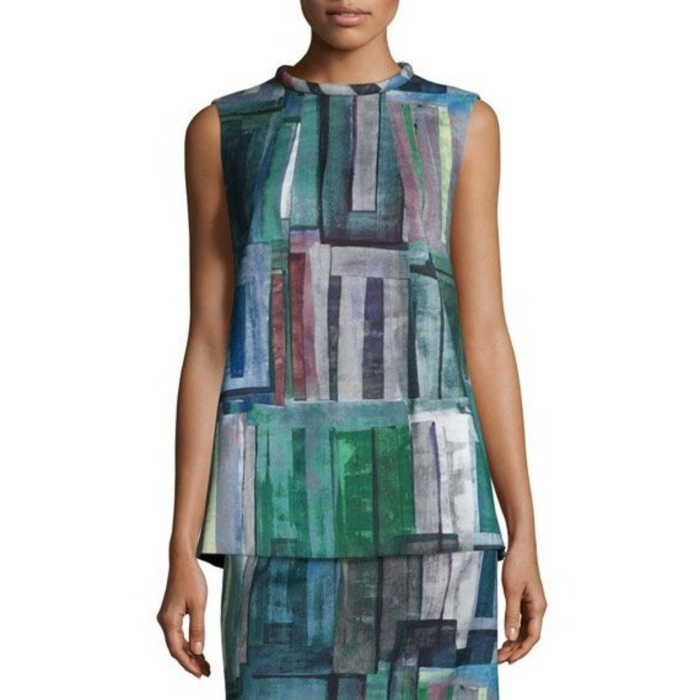 Lafayette 148 New York Fonda Sleeveless Printed Blouse Split Neck Lightweight Tu